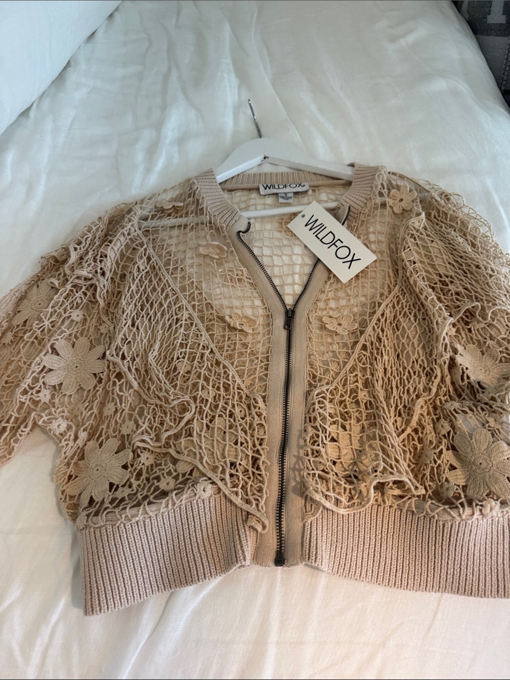 Wildfox Beige Open-Knit Floral Zip Cardigan
